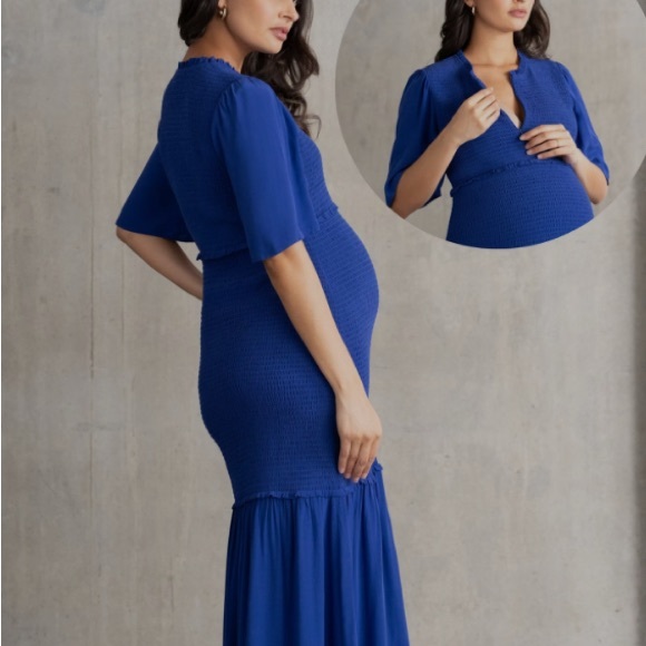 NWT Elegant Blue Seraphine Smocked Maternity Dress - Picture 1 of 11